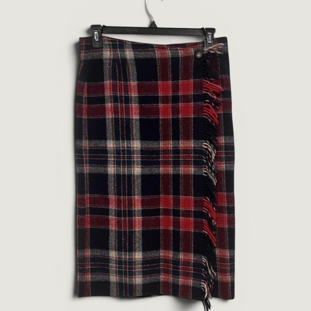 Vintage Eddie Bauer Skirt Womens Size Medium Red Tartan Plaid Wool Wrap Fringe